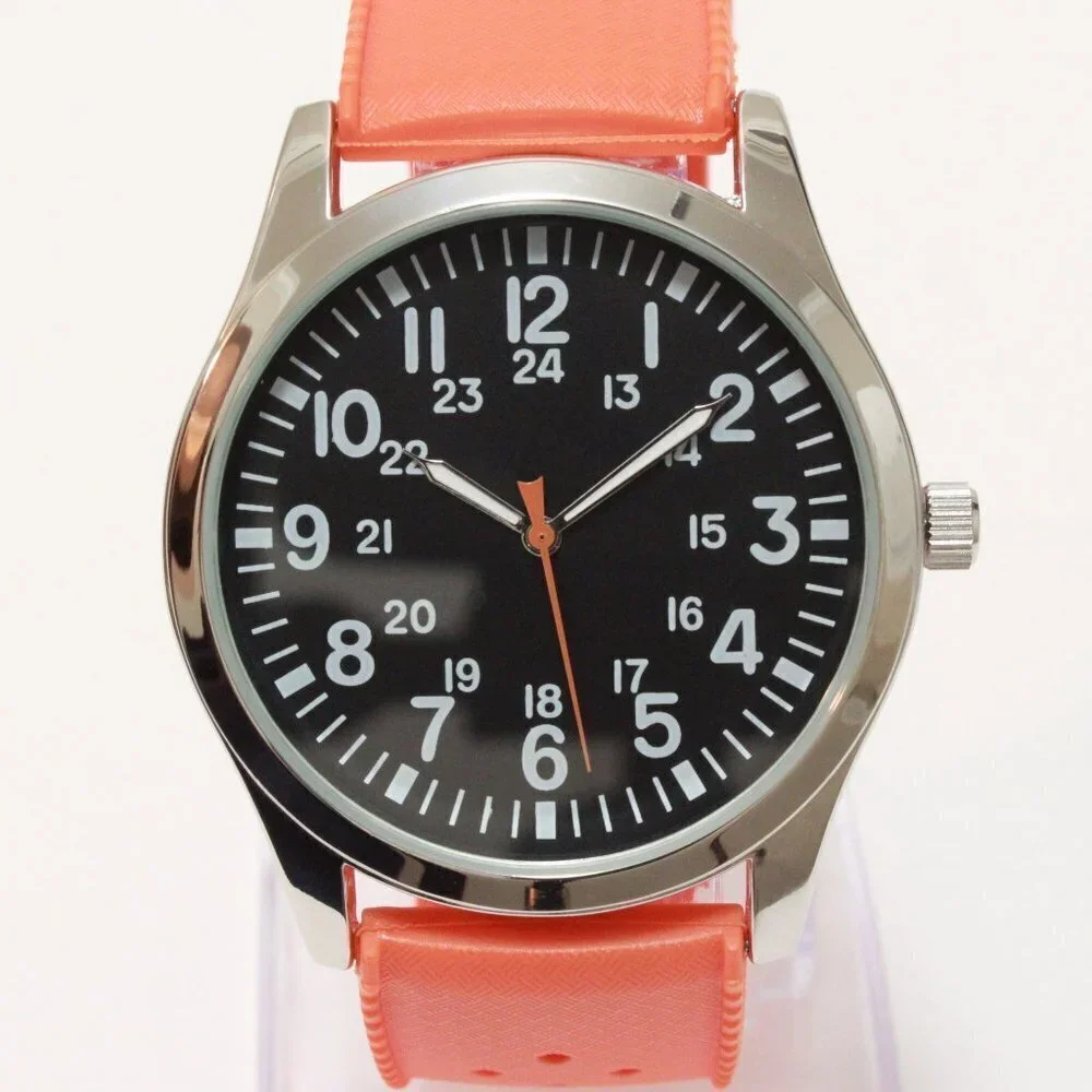 Men's Quartz Field Watch Silver Case Orange Tropical Rubber Strap 42mm